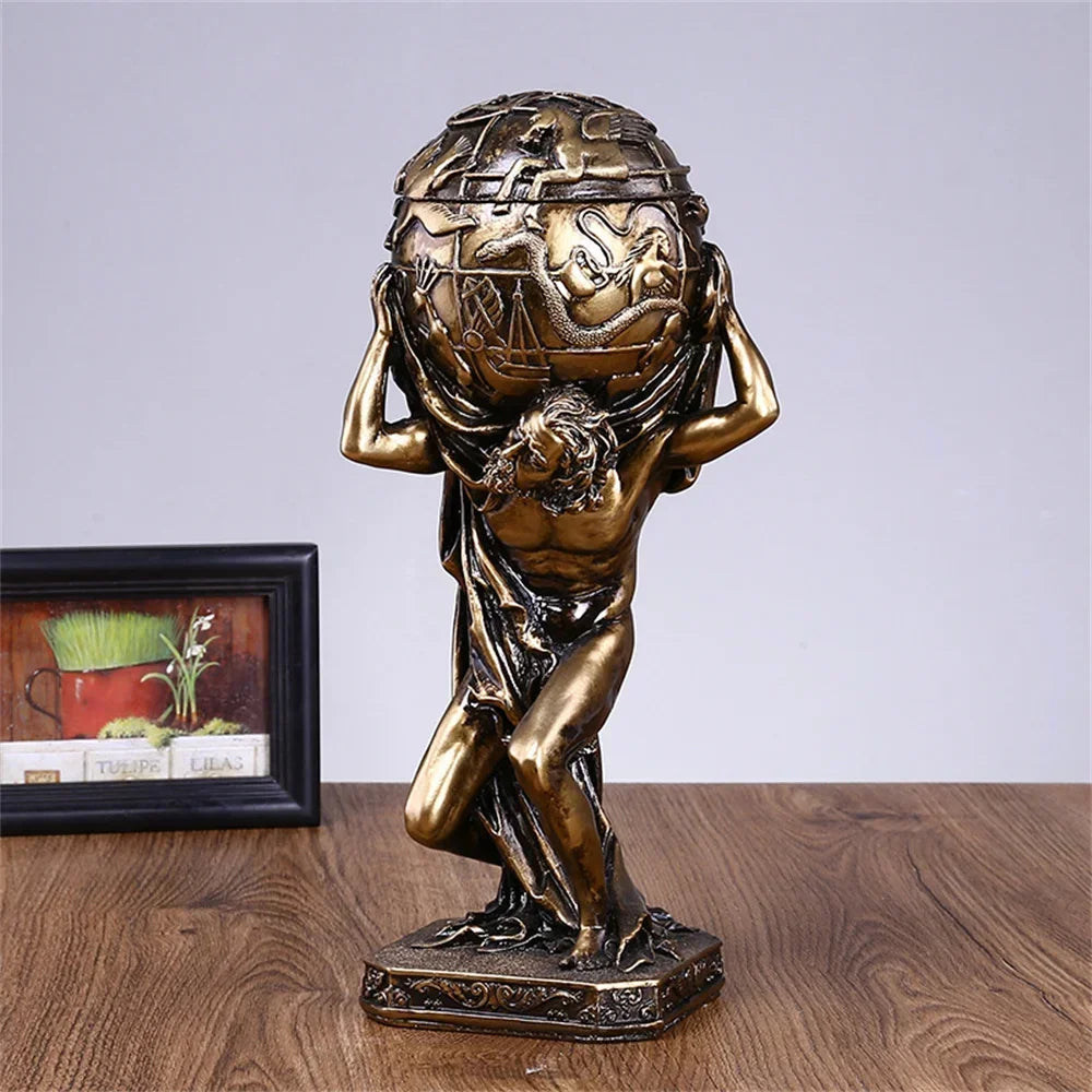 statue grecque atlas résine bronze doré détail homme globe terrestre décor maison