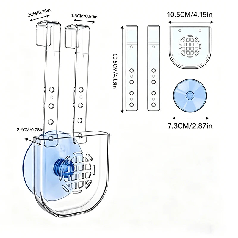 support transparent moderne brosse toilette bleu perforations suction rond dimensions inclusées