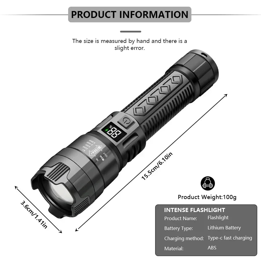 torche led rechargeable 2000lm anti choc affichage numerique lumiere intense campingurgence