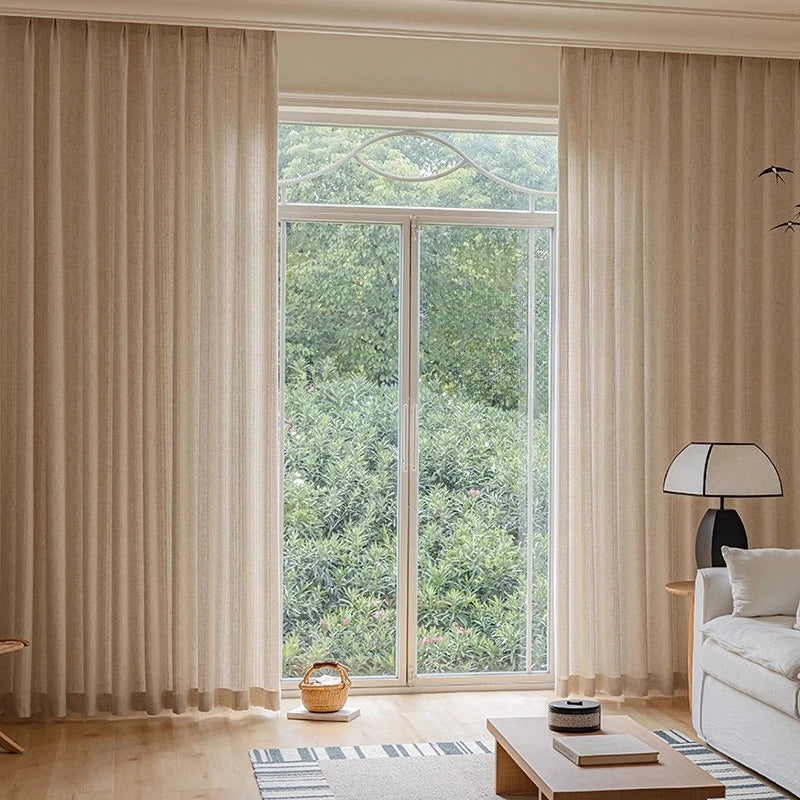 rideaux polyester texture lin beige clair modernes opaques ruban fixation maison
