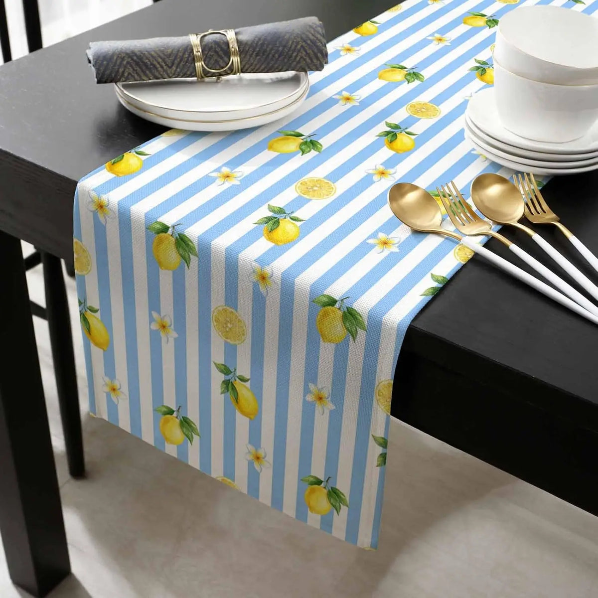 table cuisine lin rayé bleu blanc motif citron floral moderne