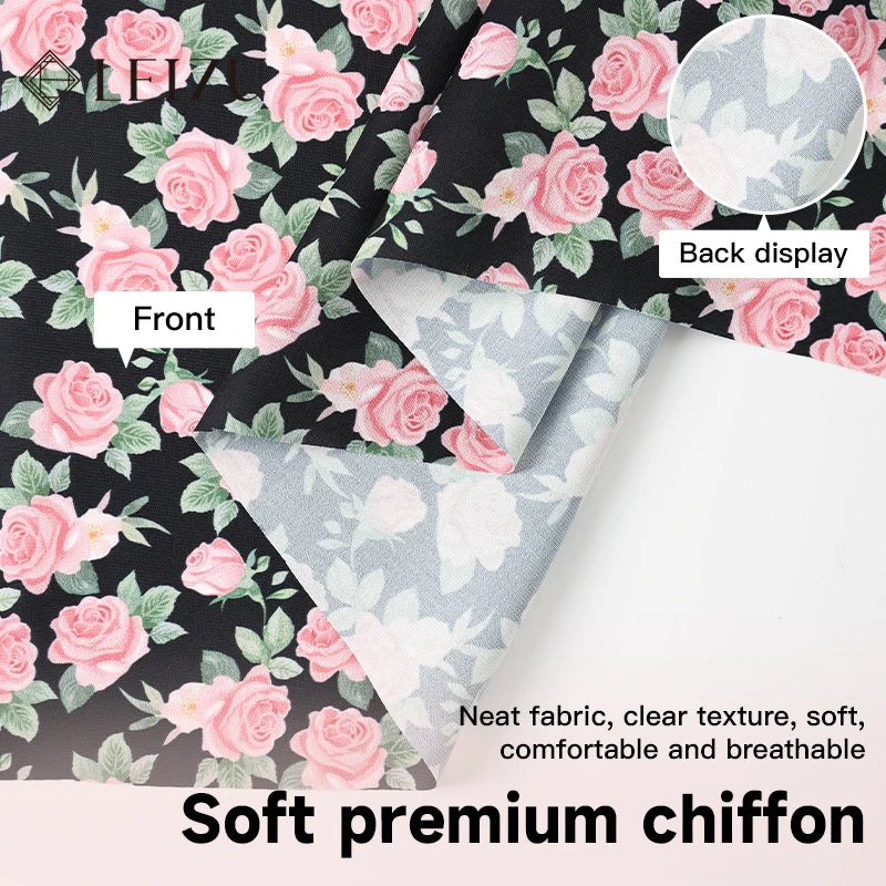 tissu mousseline polyester imprimé fleurs roses fond noir couture robe chemisier rideau diy