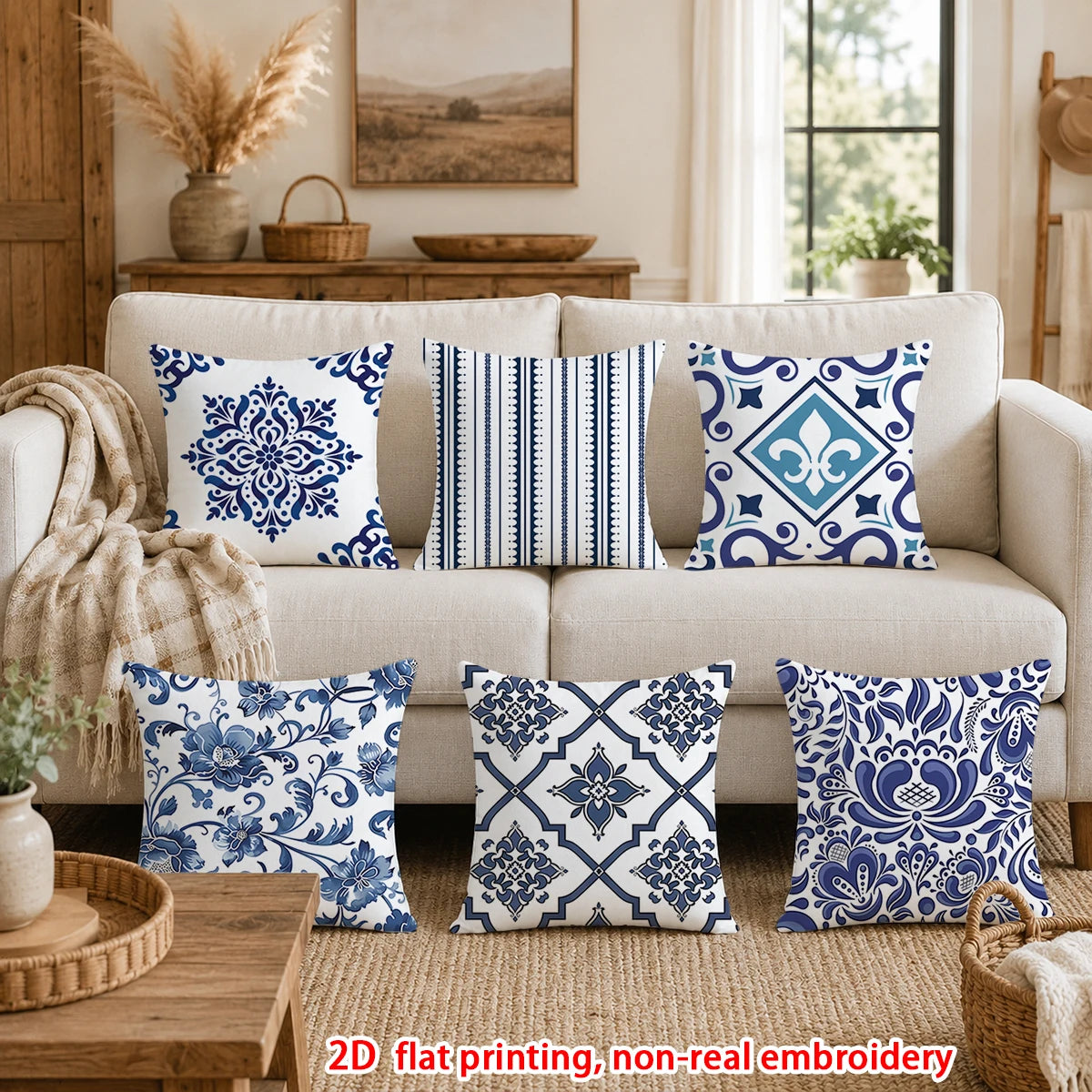 lot housses coussin décoratives bleu blanc motifs floraux géométriques porcelaine