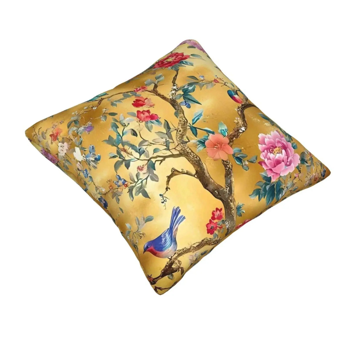 coussin pastoral fleuri oiseaux or rouge rose bleu vert polyester amovible lavable lit chambre