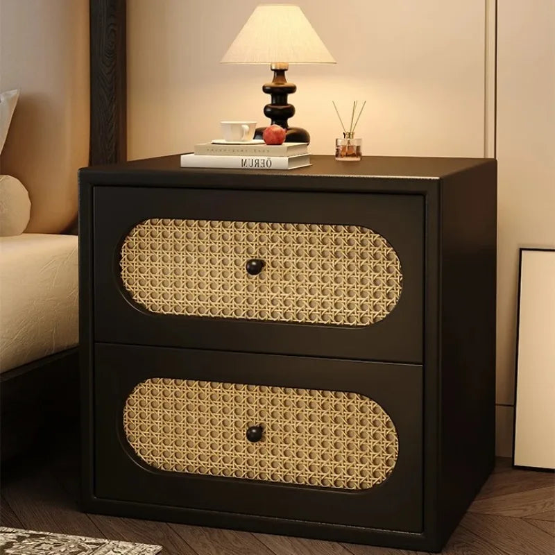 commode moderne noire tissu beige motif géométrique deux tiroirs rangement chambre bois massif