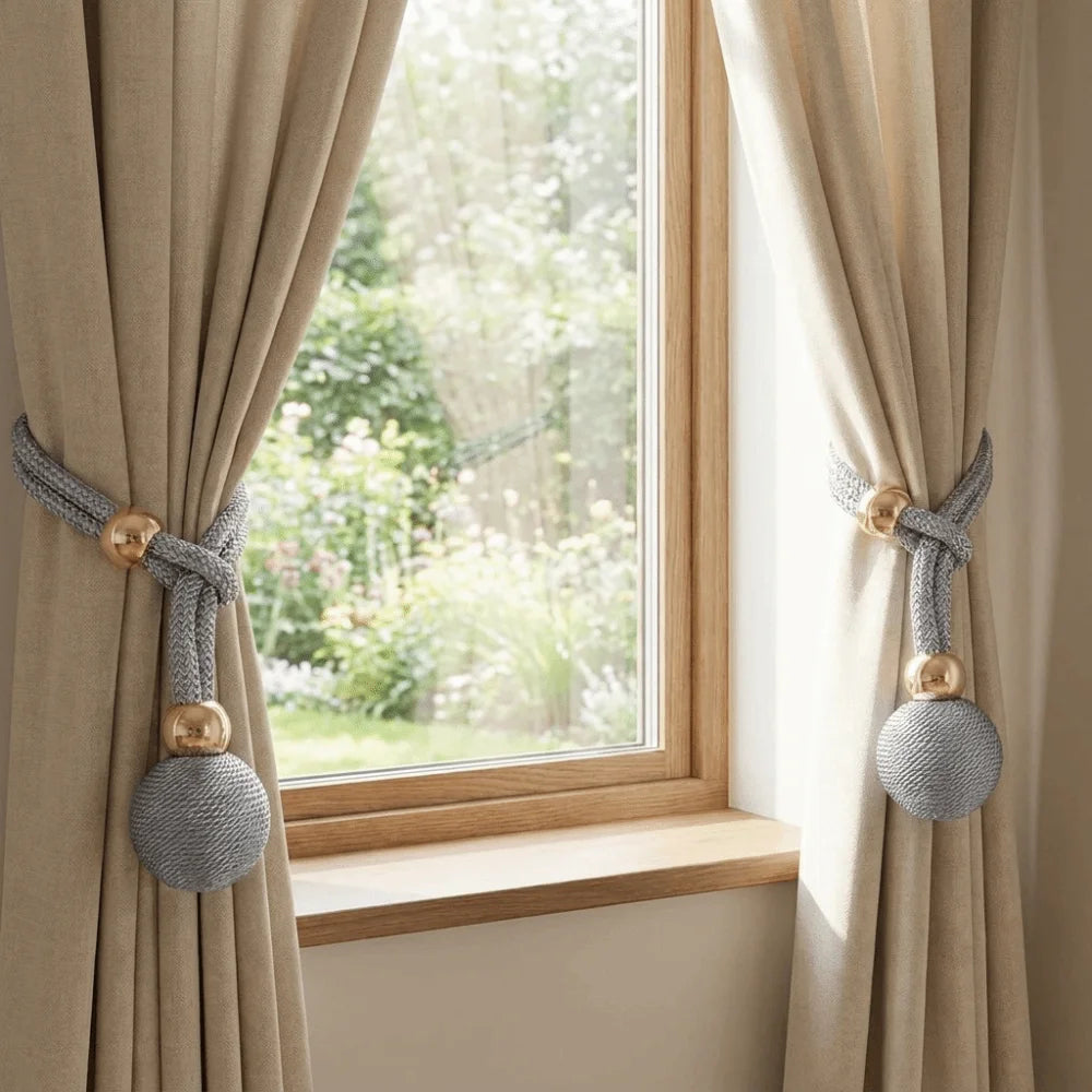 rideaux sangles ajustables pendentif boule dorée attache simple moderne coton polyester beige gris marron