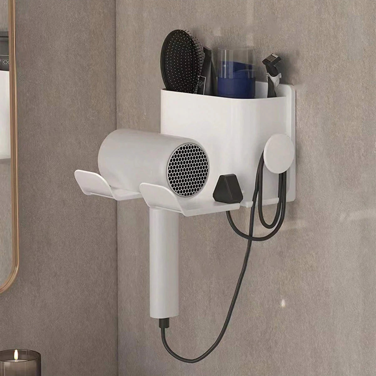 porte sèche cheveux adhésif moderne gris métallisé salle bain rangement brosse gobelet téléphone