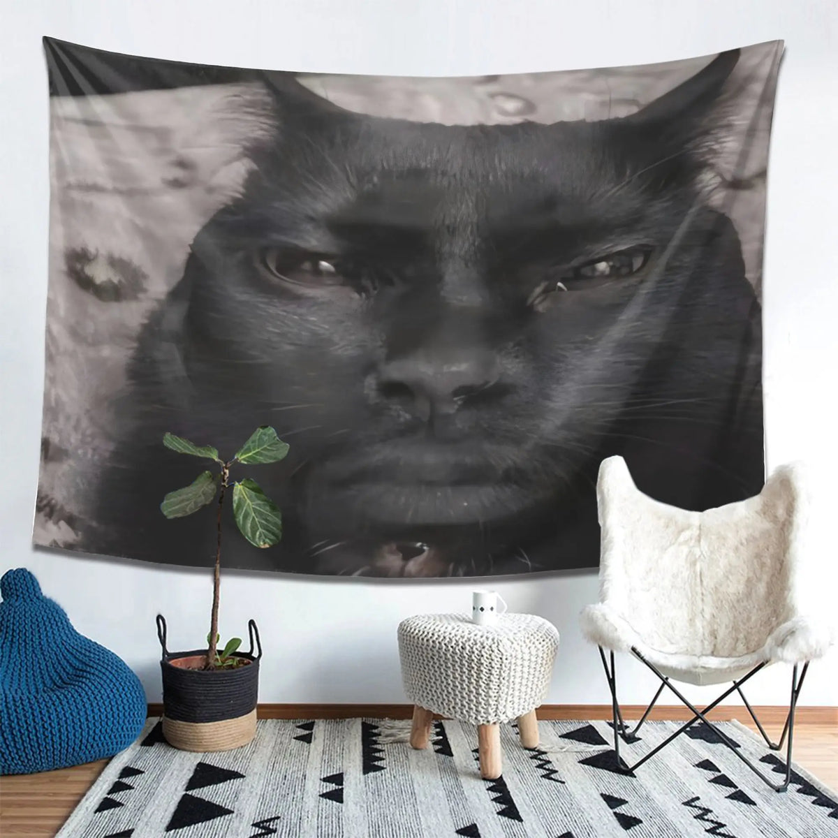 tapisserie moderne visage chat noir fond blanc personnalisée salon chambre entrée