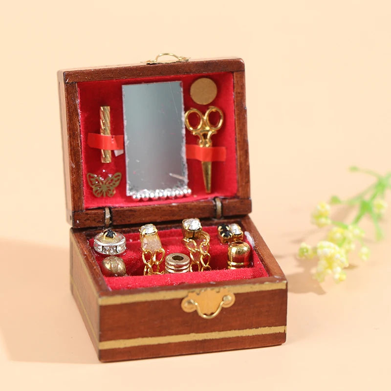 coffret bijoux miniature vintage bois marron velours rouge miroir ciseaux papillon bijoux enfants chic