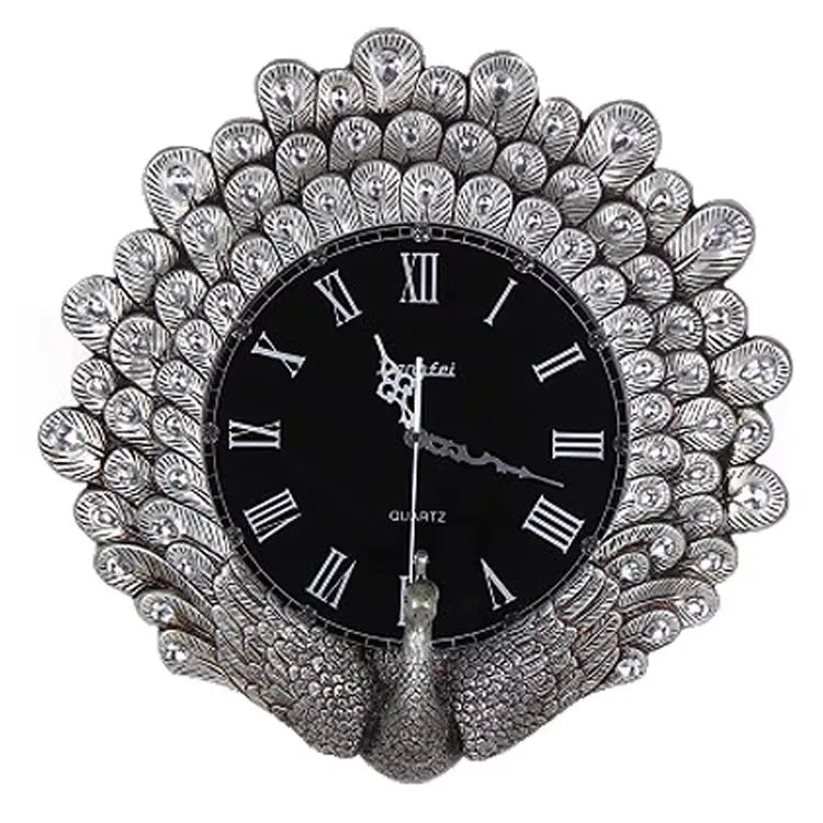 horloge murale solaire résine paon plumes dorées décoratif salon vintage aiguilles