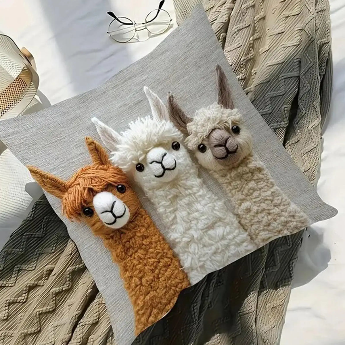 housse coussin lamas brodés fond texturé beige marron anniversaire noel décoration chambre