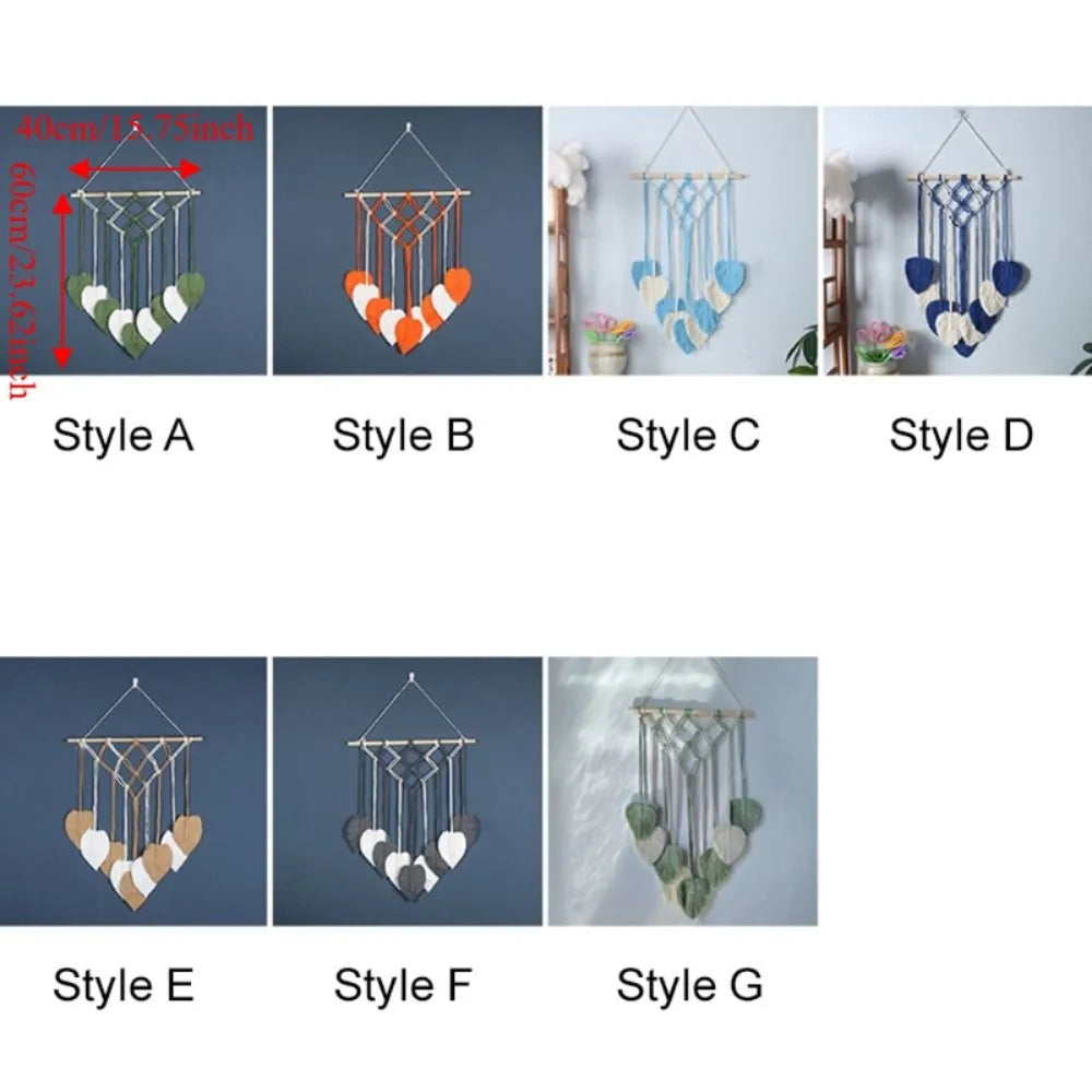 tapisserie boho chic macramé franges coeurs orange blanc bleu vert marron clair coton mur