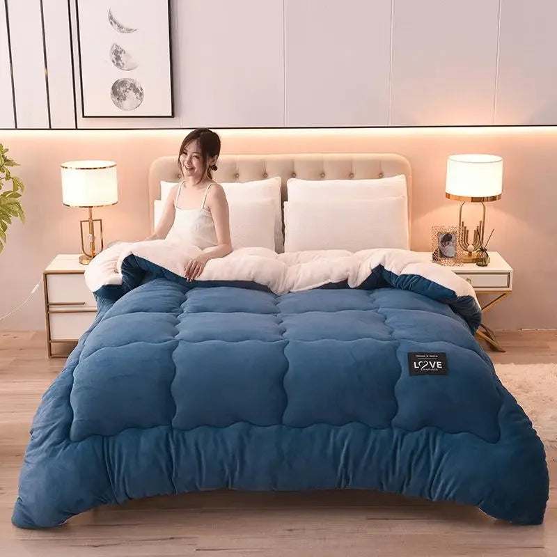 Édredon en laine d'agneau cachemire gris clair sur un lit double