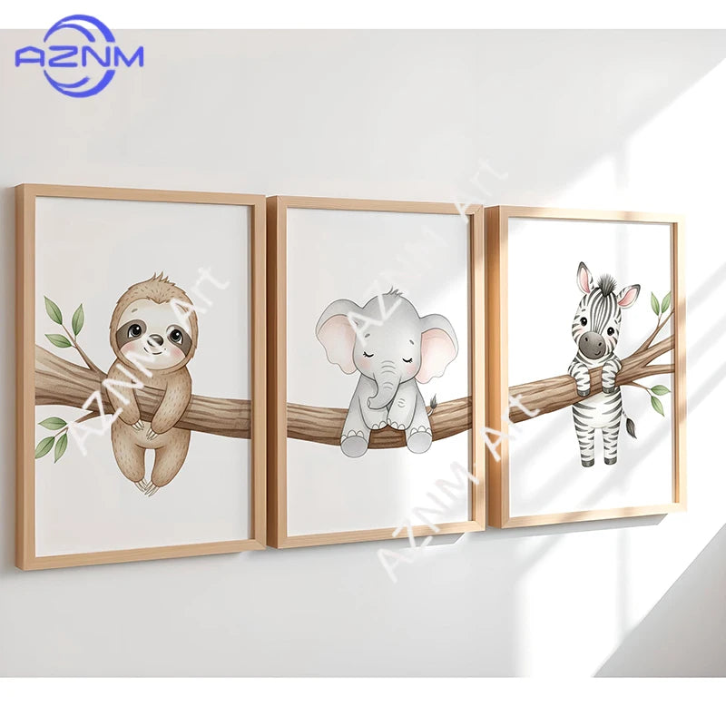 toile d'art animaux mignons souris éléphant zèbre branches illustration enfantine sans cadre