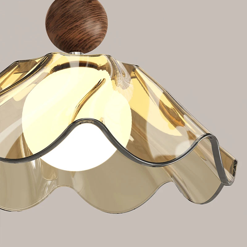 lampe suspendue moderne doré beige translucide texture ondulée motif floral câble noir réglable chambre