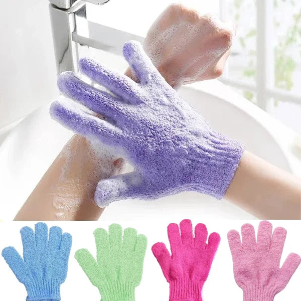 gants bain exfoliants doux microfibre violet rose jaune bleu vert