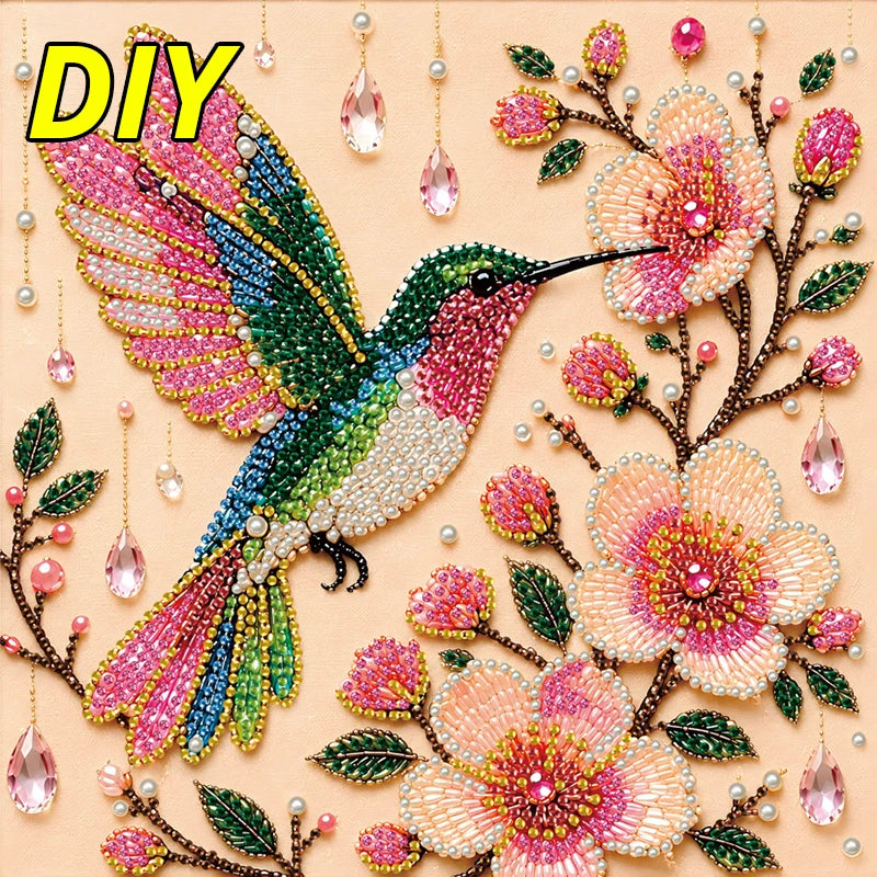 tableau décoratif strass fleurs oiseaux beige blanc rouge vert bleu doré art broderie débutants