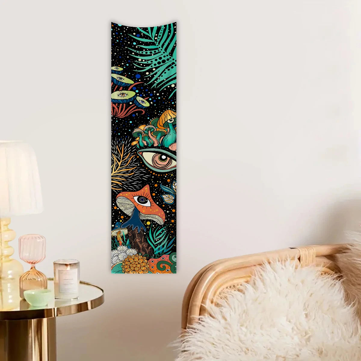 tapisserie moderne fantaisie crânes fleurs papillons oeil lune polyeste noir bleu rose