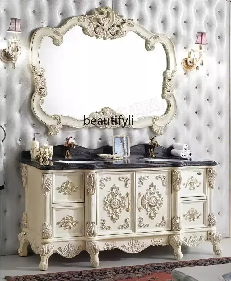 meuble salle bain blanc marbre ornements baroques vasque miroir accessoires classique autonome bois