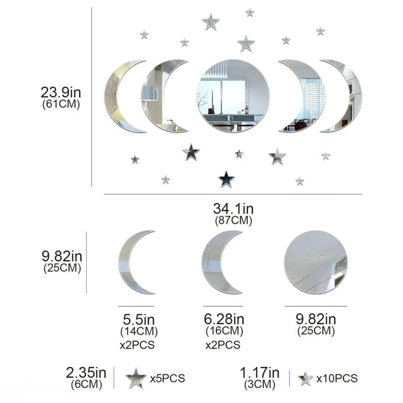 miroirs argentés effet miroir adhésifs modernes 10 étoiles cercle croissants