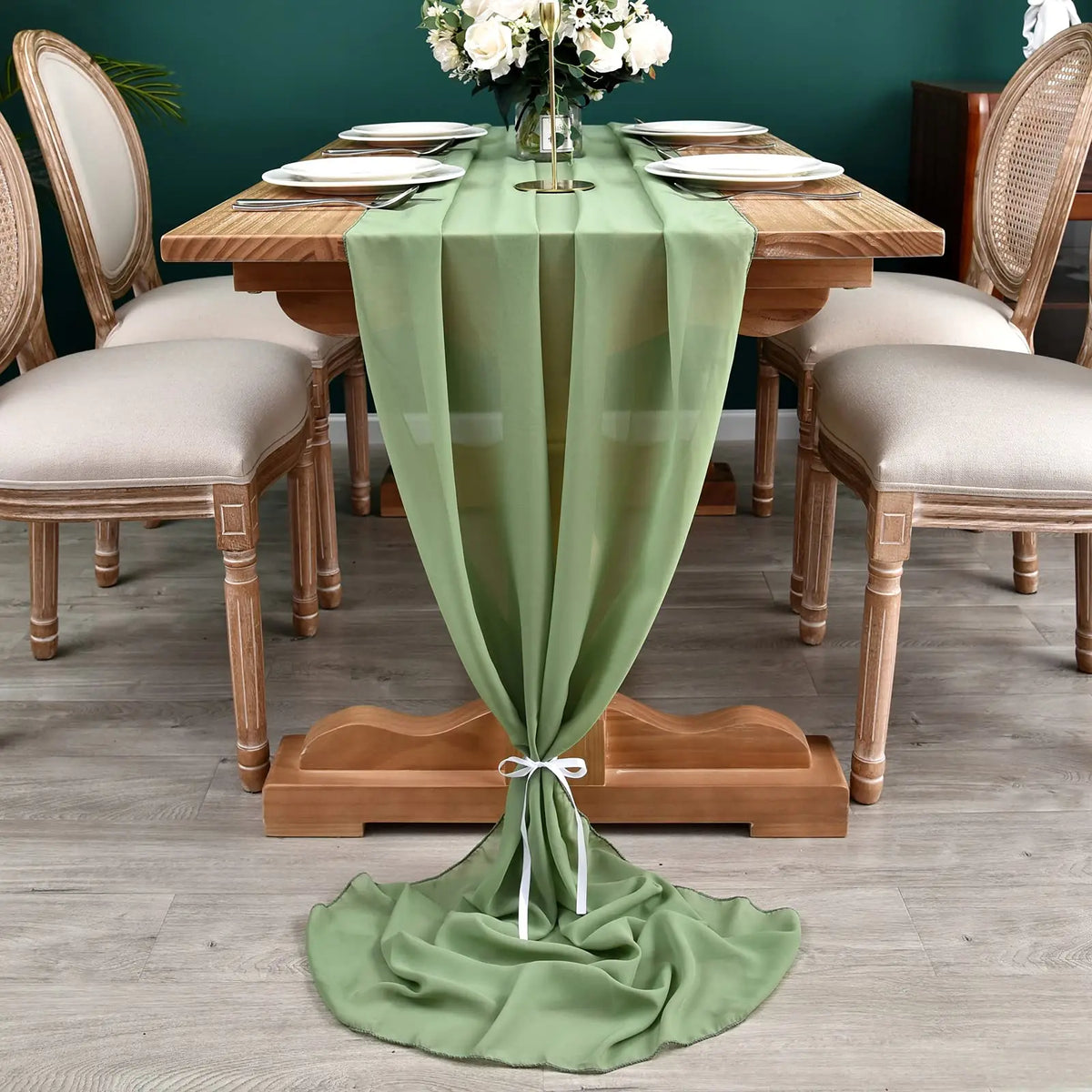 chemin table vert clair moderne uni opaque 30x300cm ruban blanc decoration anniversaire mariage noel