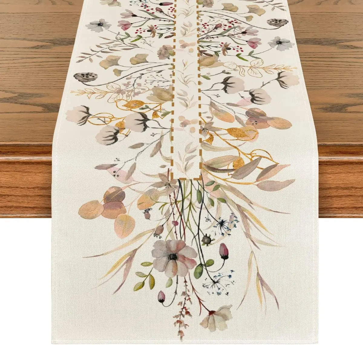 Cette magnifique nappe blanche présente un motif floral composé de différentes fleurs, feuilles et tiges de couleurs douces et naturelles, créant une composition élégante et harmonieuse.