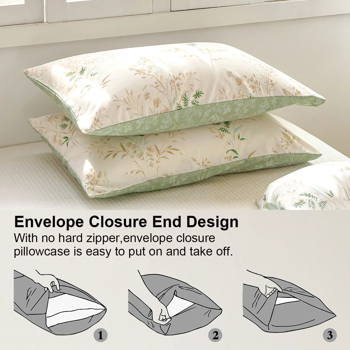 housse couette floral tissu texturé blanc cassé vert or ensemble lit doux naturel taies