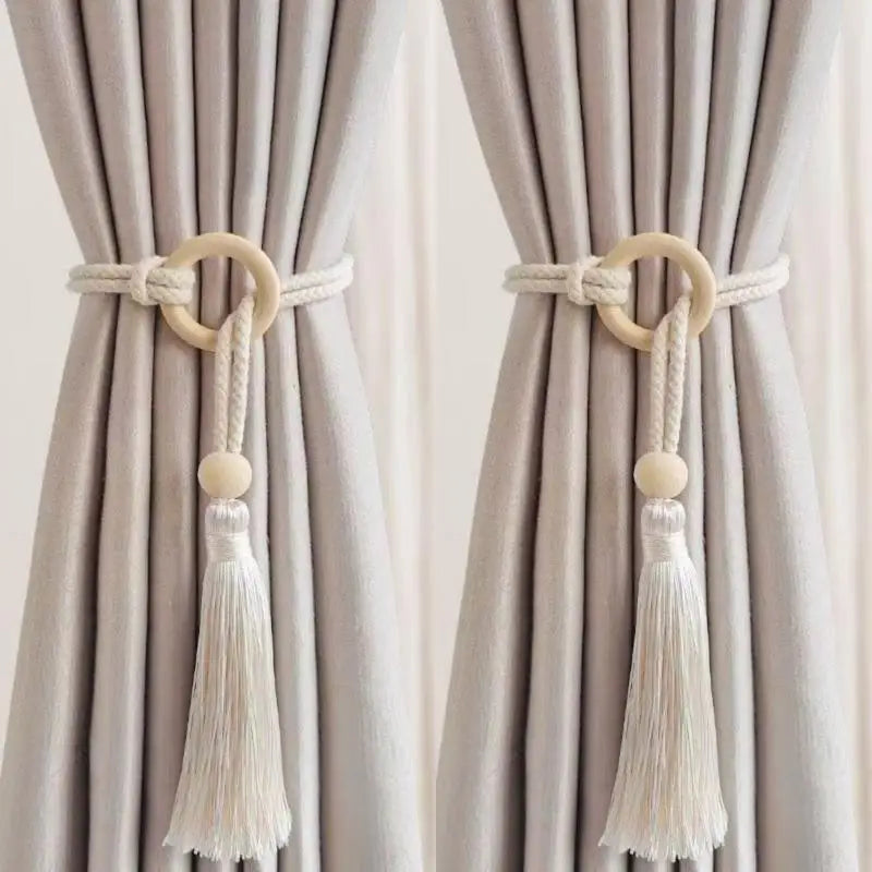 rideau moderne rustique coton anneaux bois pompon frange beigeclair