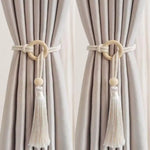 rideau moderne rustique coton anneaux bois pompon frange beigeclair