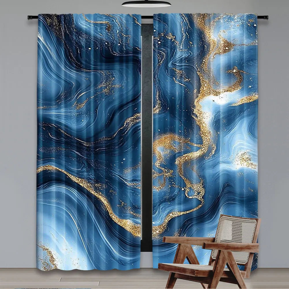 rideau moderne bleu doré marbré polyester opaque deux panneaux effet liquide élégant