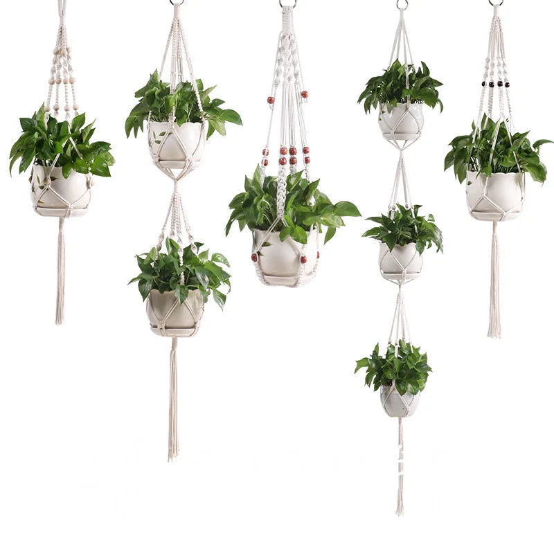 support plante suspendue macramé boho rotin blanc sculpté main decoration maison balcon jardin anneau