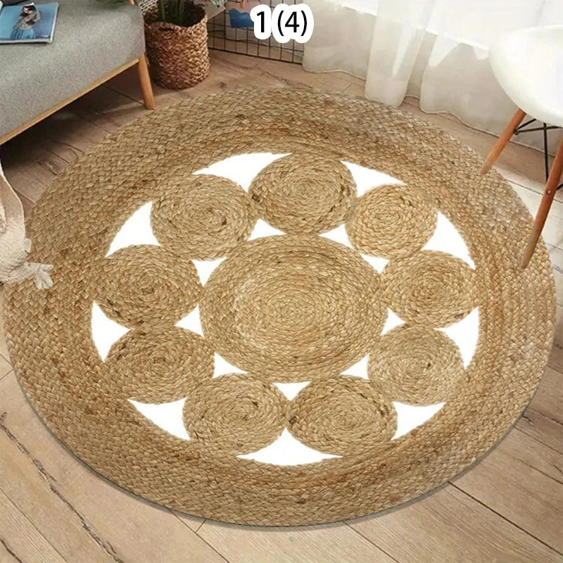 tapis boho naturel tissé motifs géométriques spirale concentrique adhésif salon chambre 80x80cm 120x120cm