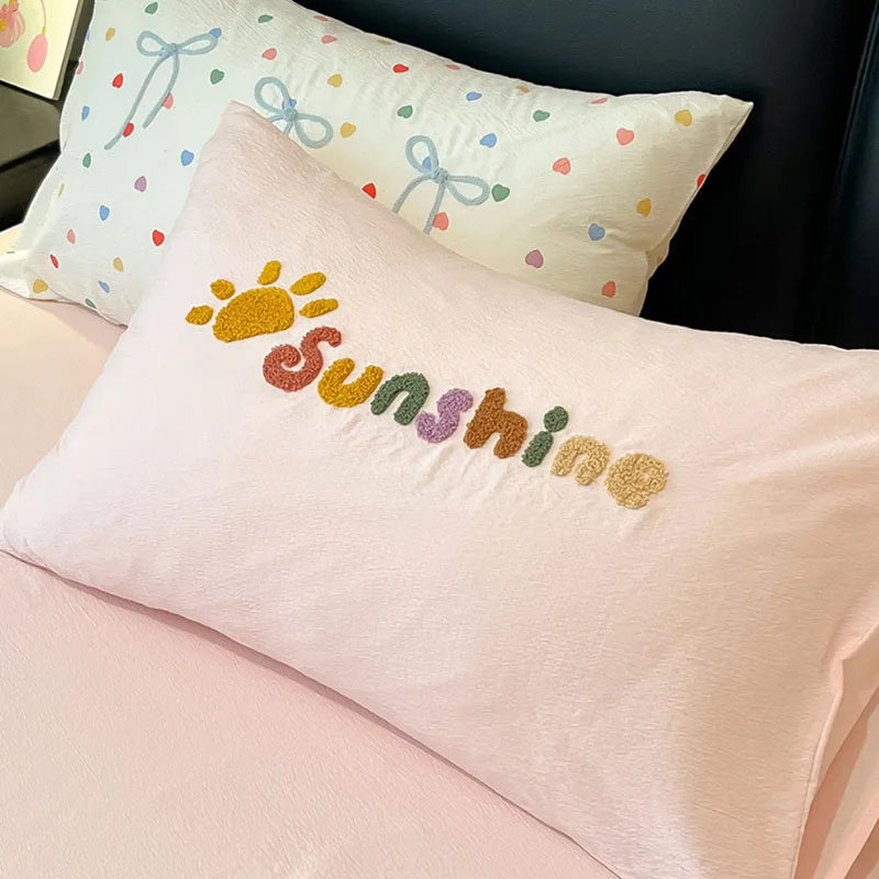 drap housse coton brodé couleurs vives motif points enfant oreiller sunshine chambre fille