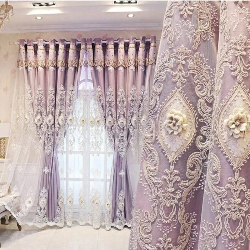 rideau voile violet rose brodé fleurs 3d élégant classique transparentextérieur fenêtre chambre salon