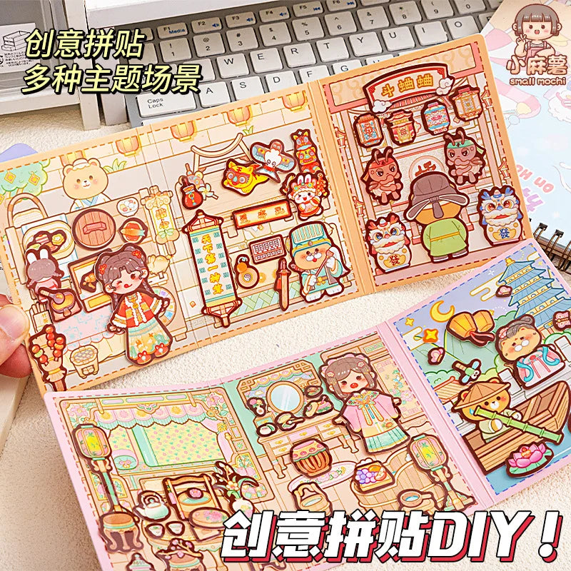 livre stickers rose traditionnels chinois personnages objets floraux adhésifs jeu habillage illustrations mutisme vintage
