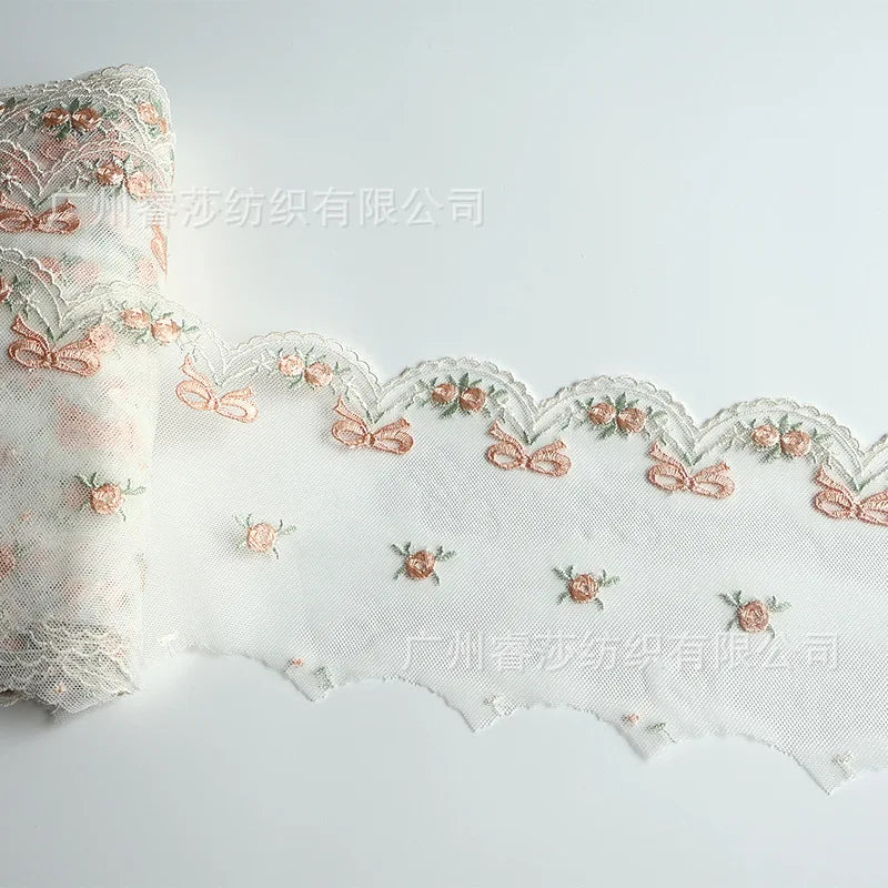 tissu polyester dentelle broderie fleurs rubans bordure élégant blanc orange vertclair 11cm 3mètres translucent