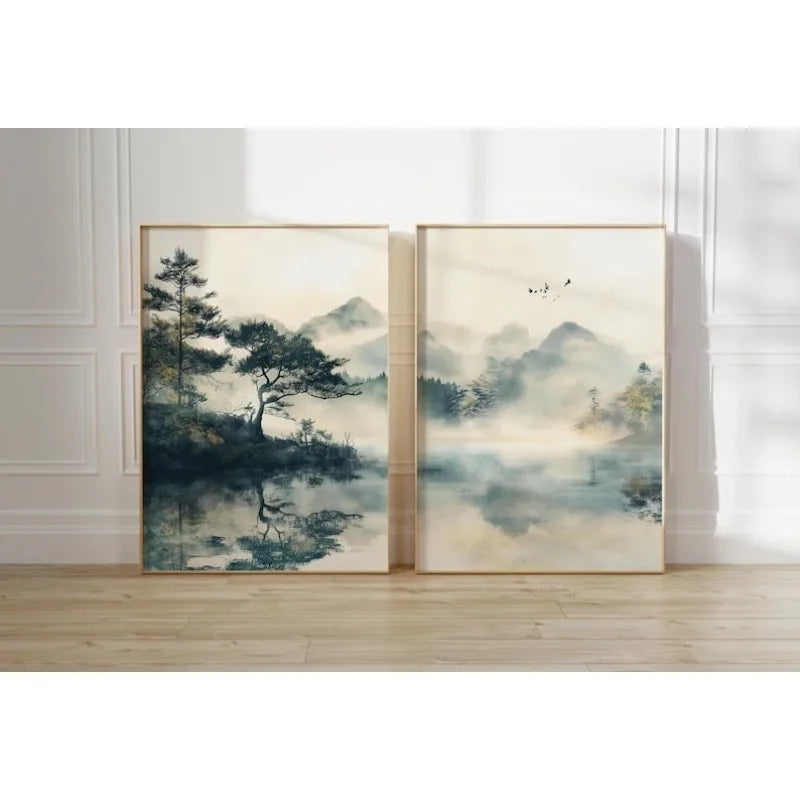 tableaux toile moderne minimaliste paysage abstraits nuages montagnes arbres bleu gris beige noir blanc