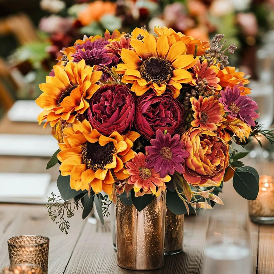bouquet fleurs artificielles automnales tournesol pivoine chrysanthème marguerite couleurs chaudes réalistes nature rustiqueintérieur décoration
