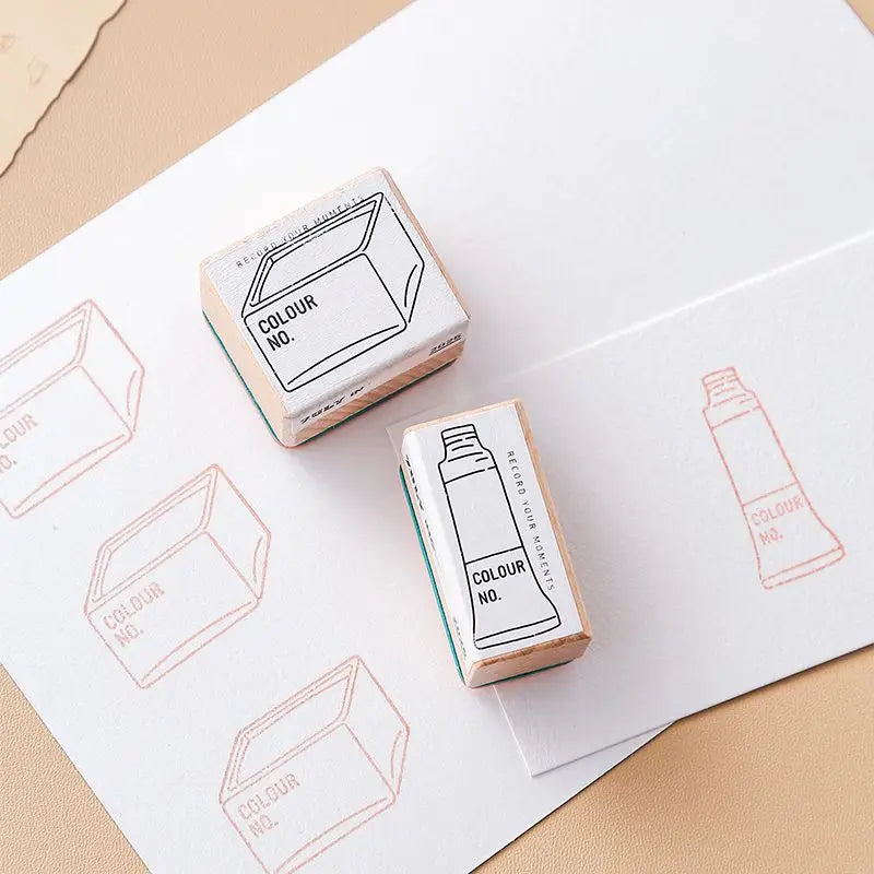 tampons bois décoratifs tubes peinture motif RECORD YOUR MOMENTS coloriage artistique papeterie