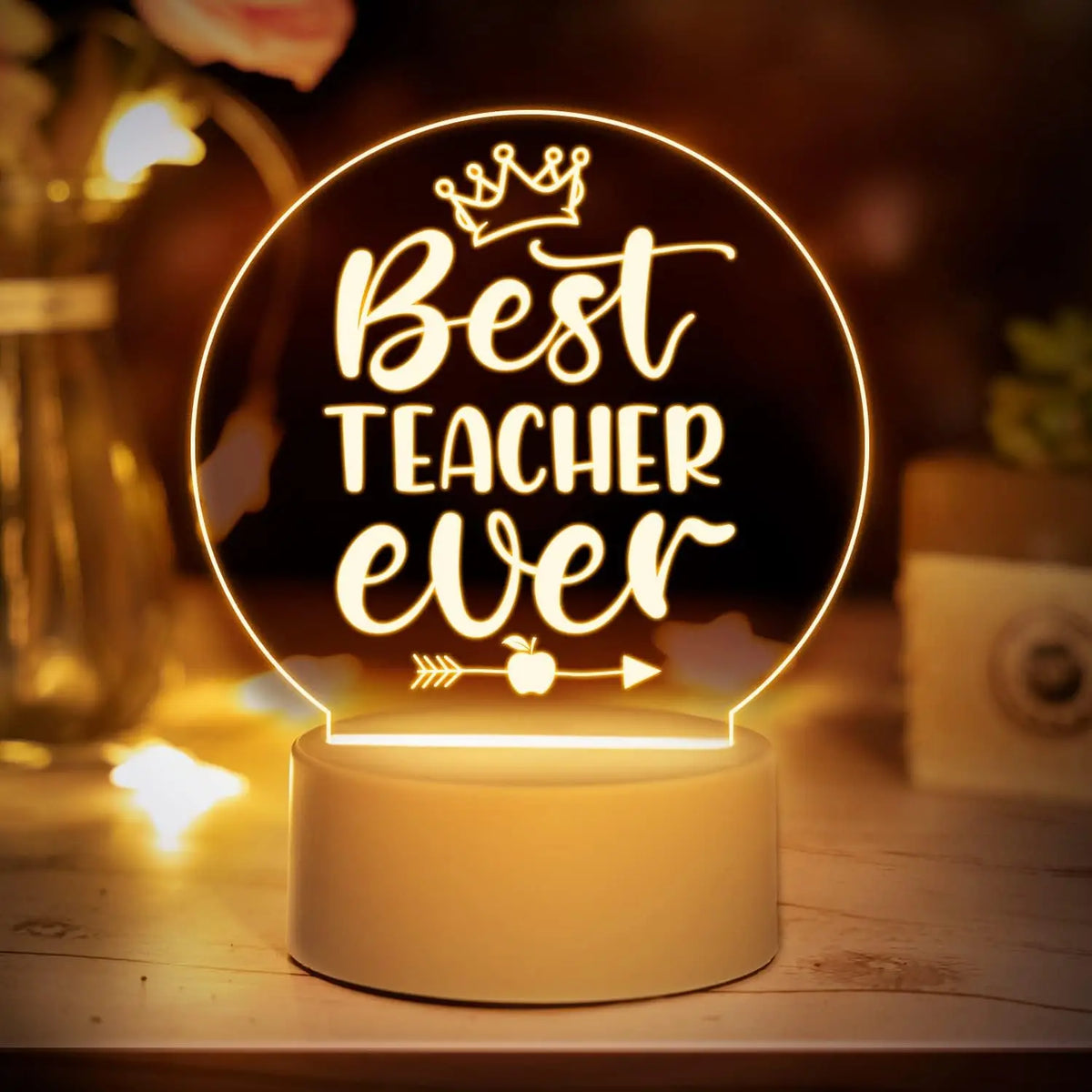 lampe nuit 3D lettrage Best Teacher Ever couronne pomme transparent moderne couleurs base plate