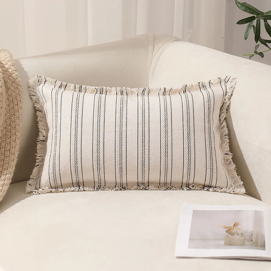 housse coussin boho chic rayé beige blanc rustique zipper 30x50cm