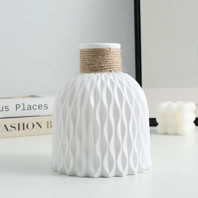 vase décoration moderne blanc rayures verticales opalescent ruban jute fleurs artificielles