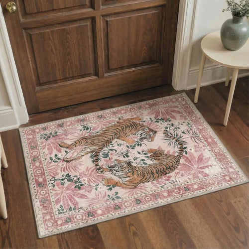 tapis d'entrée vintage motif tigre rose beige décor maison ferme antidérapant lavable intérieur