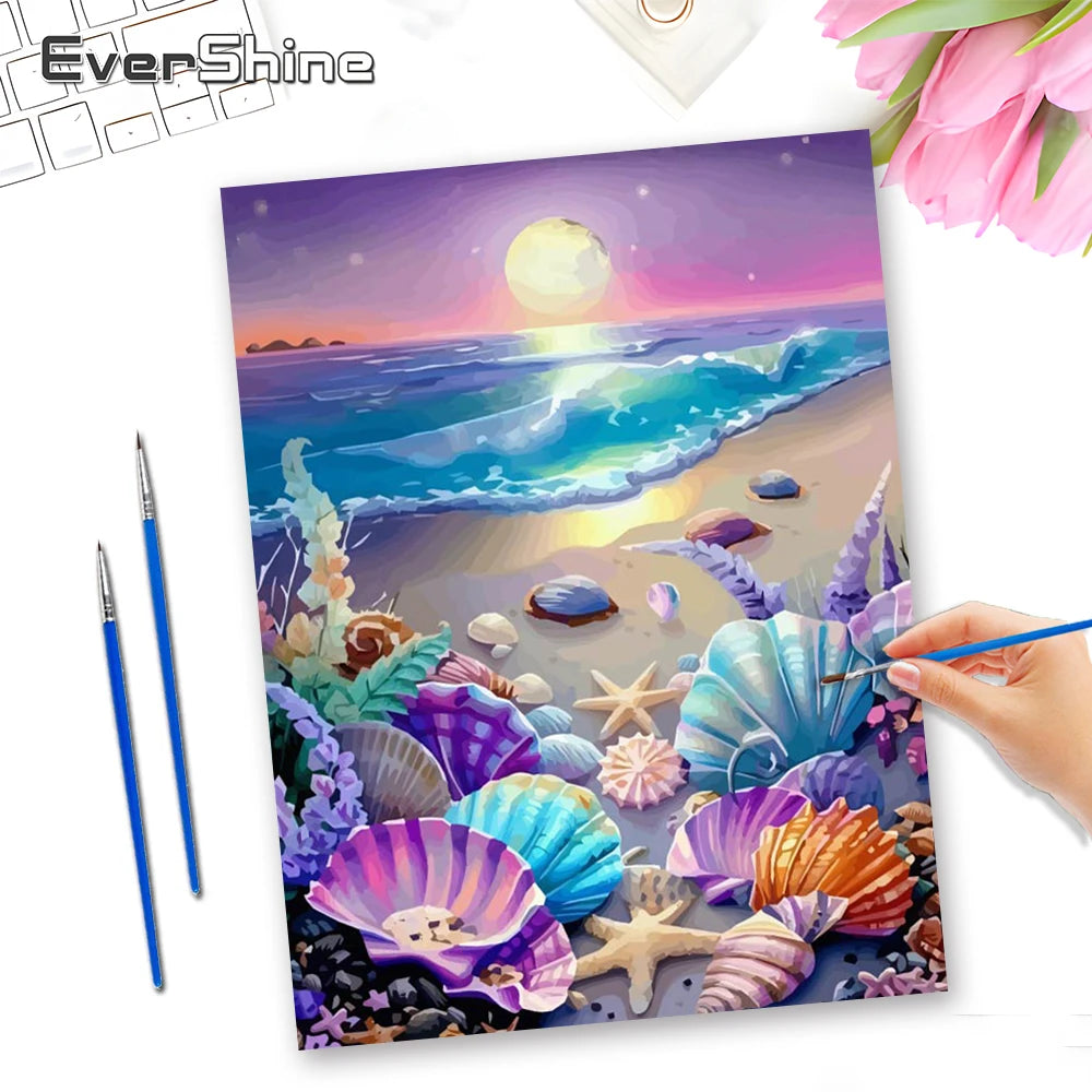 tableau peindre numéro paysage marin coquillages étoiles mer coucher soleil pinceaux couleurs instructions