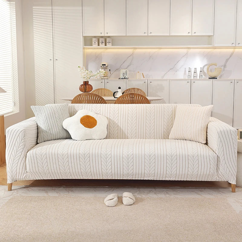 housse canapé polyester jacquard rayures verticales moderne beige clair salon lavable machine doux accueil
