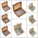 boîte bijoux bois marron clair gris classique clics métalliques boucles d'oreilles alliances transparent