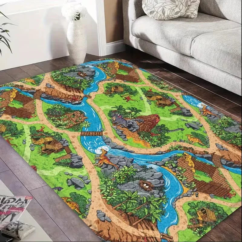 tapis d'aventure dinosaures géométrique moderne enfant vert bleu orange jaune noir salon chambre