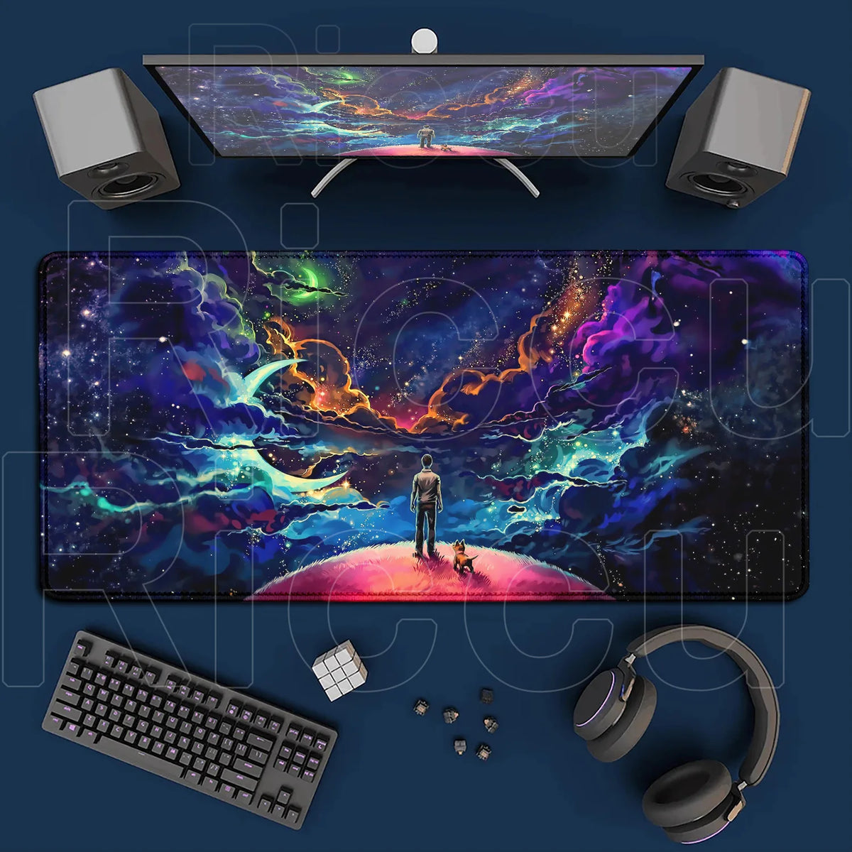 tapis souris gaming large taille bleu violet nuages étoiles antiderapant moderne