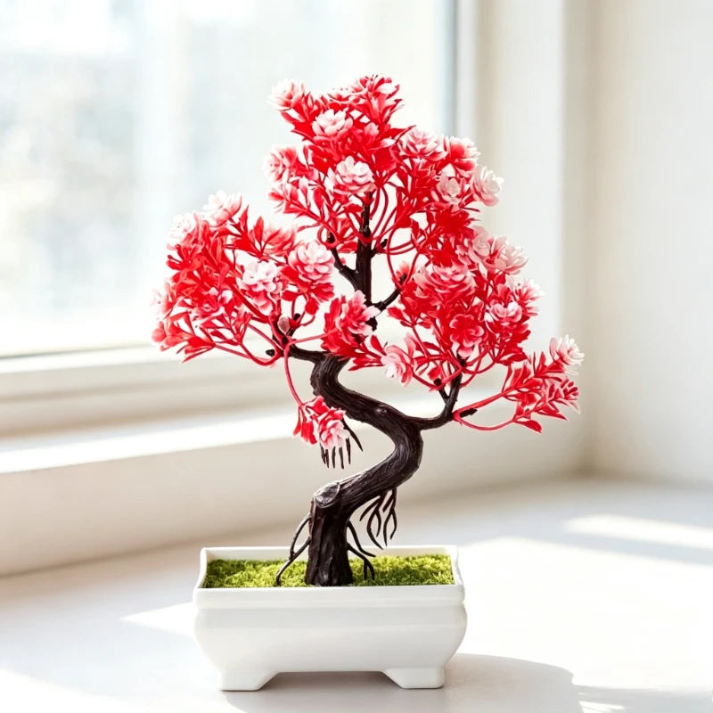 Décoration intérieure bonsaï artificiel rouge vert orange feuilles fines tronc noueux pot blanc mousse