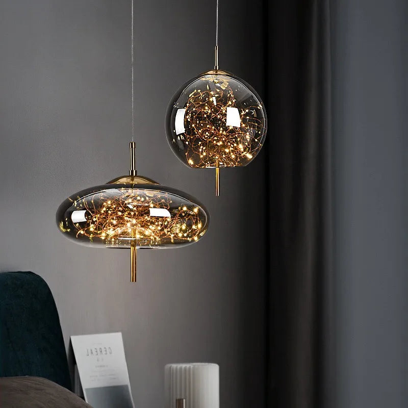 Suspension rouge LED en filet de verre